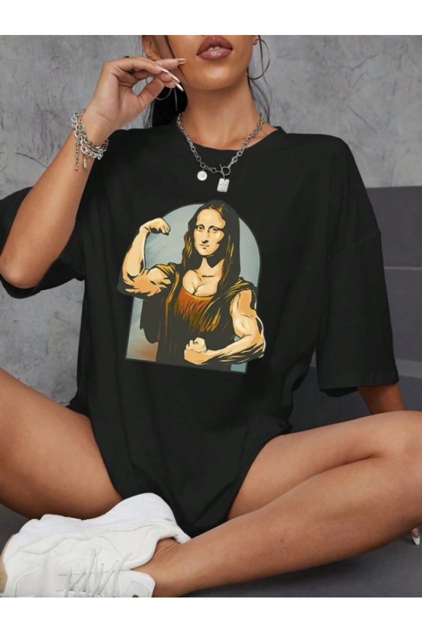 Baskılı Oversize T-shirt - Siyah