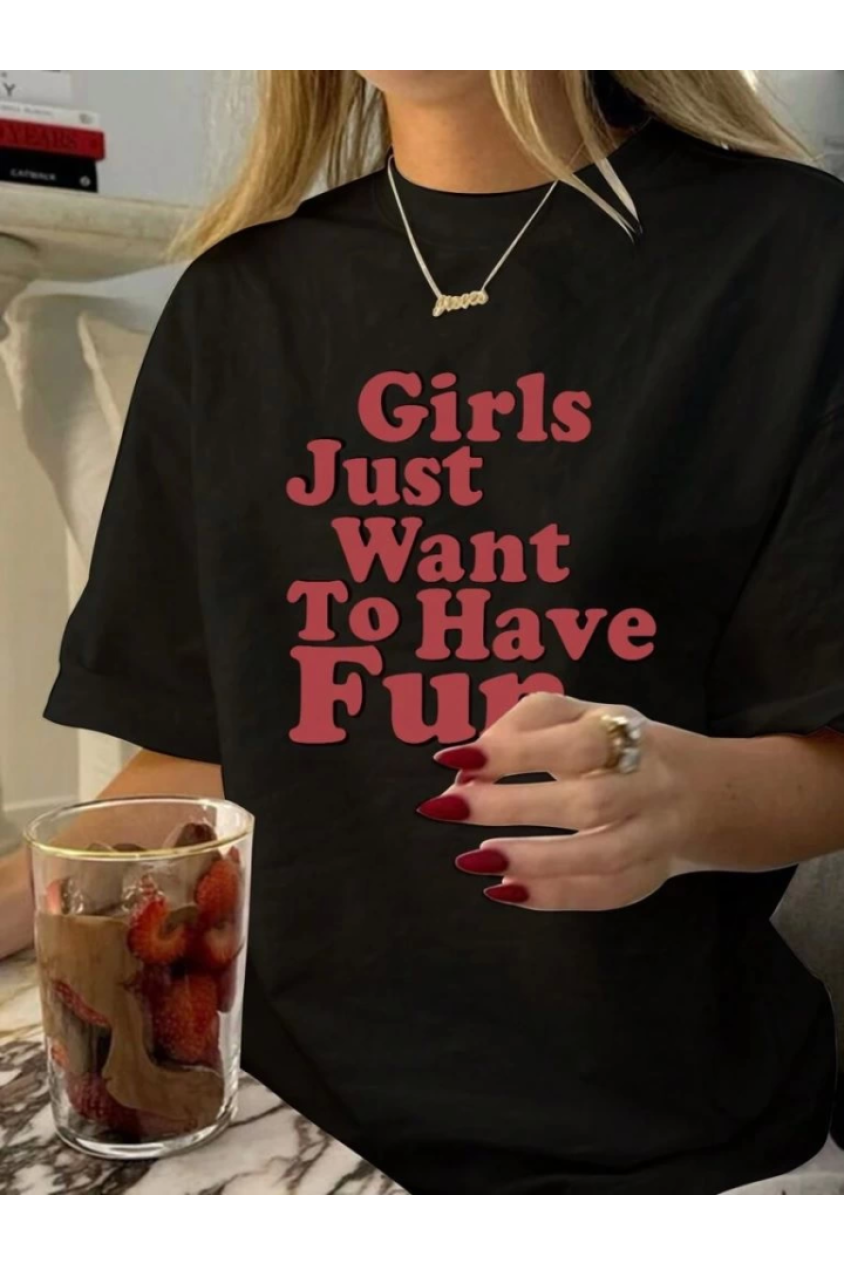 Baskılı Oversize T-shirt - Siyah