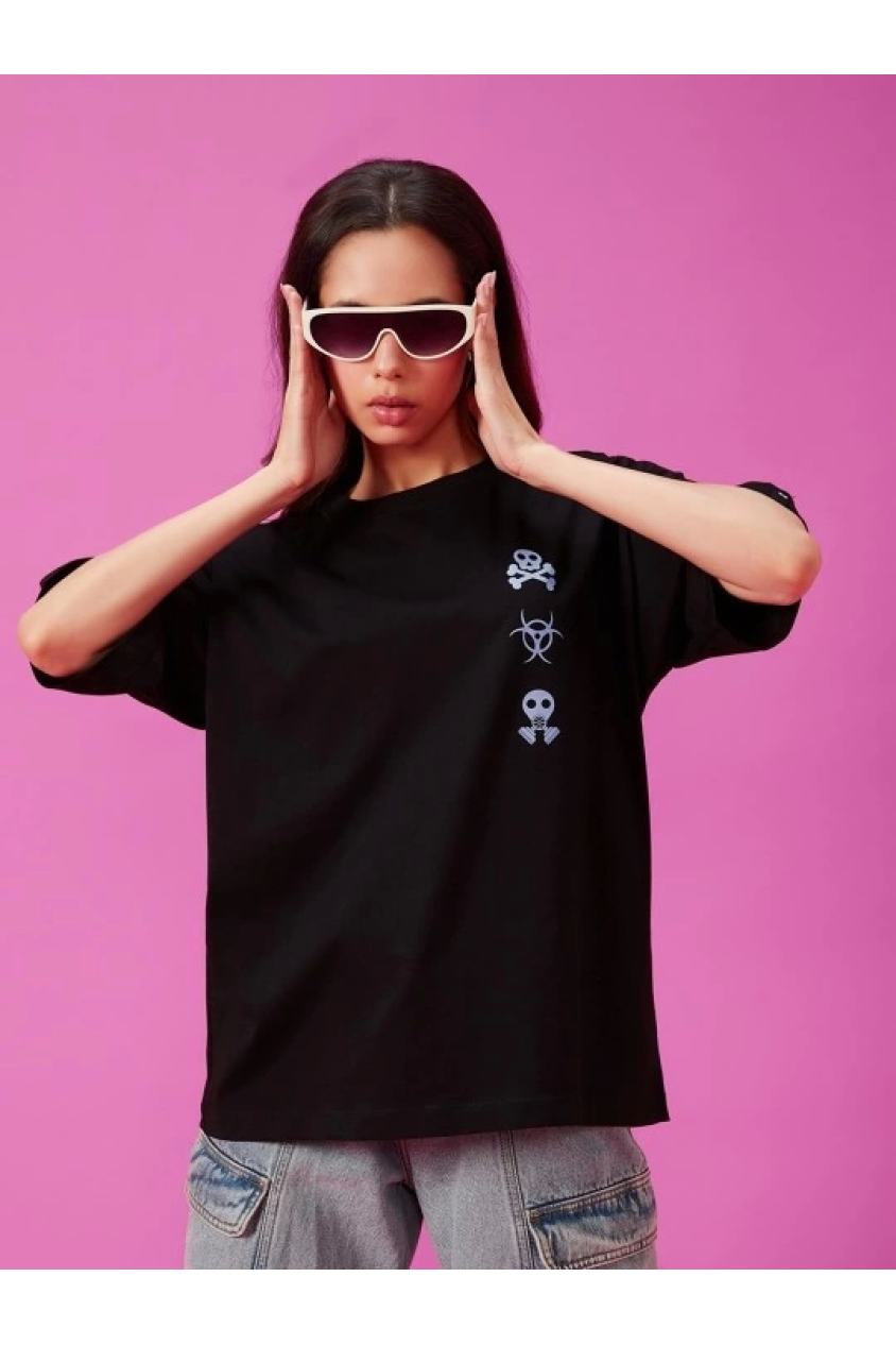 Baskılı Oversize T-shirt - Siyah
