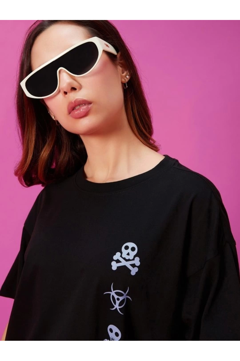 Baskılı Oversize T-shirt - Siyah