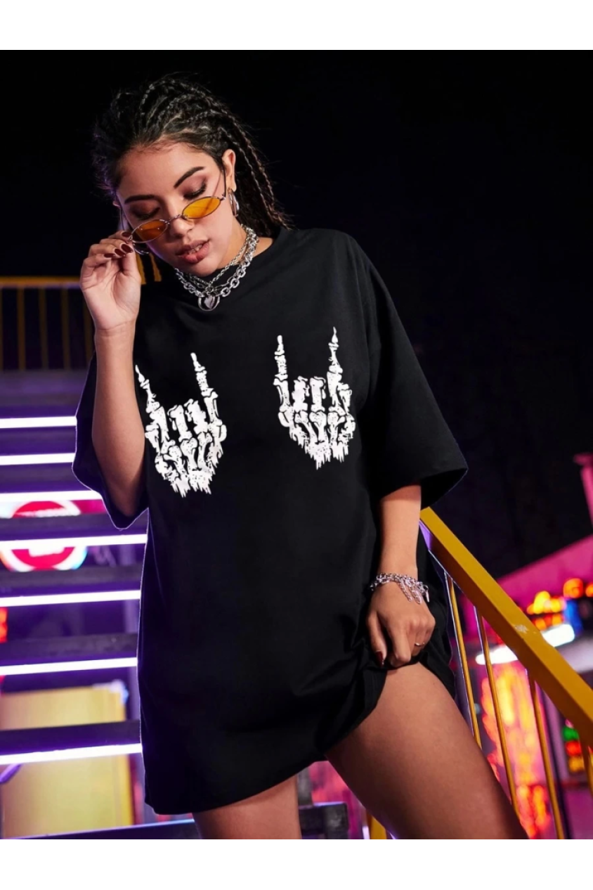 Baskılı Oversize T-shirt - Siyah