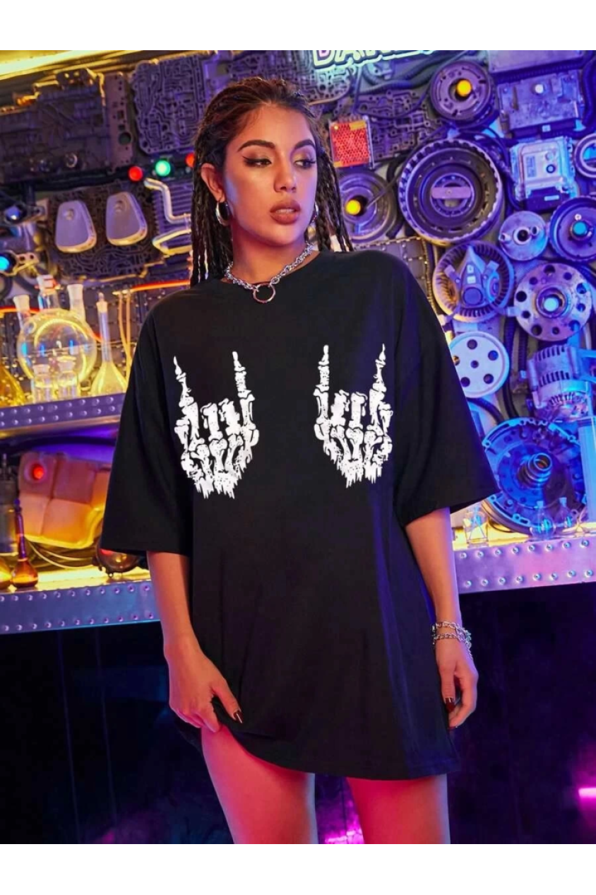 Baskılı Oversize T-shirt - Siyah