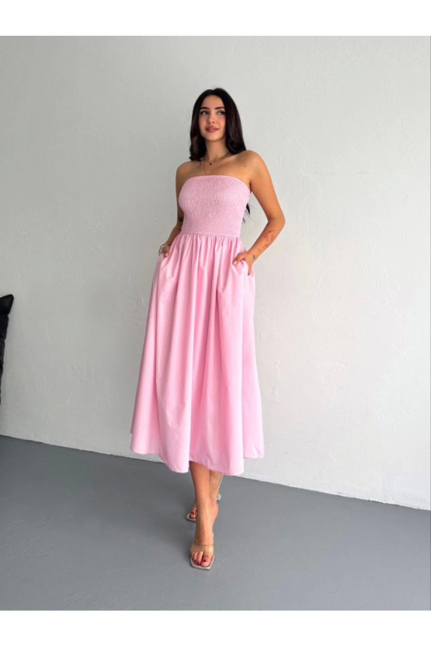 Straplez Pileli Elbise - Pembe