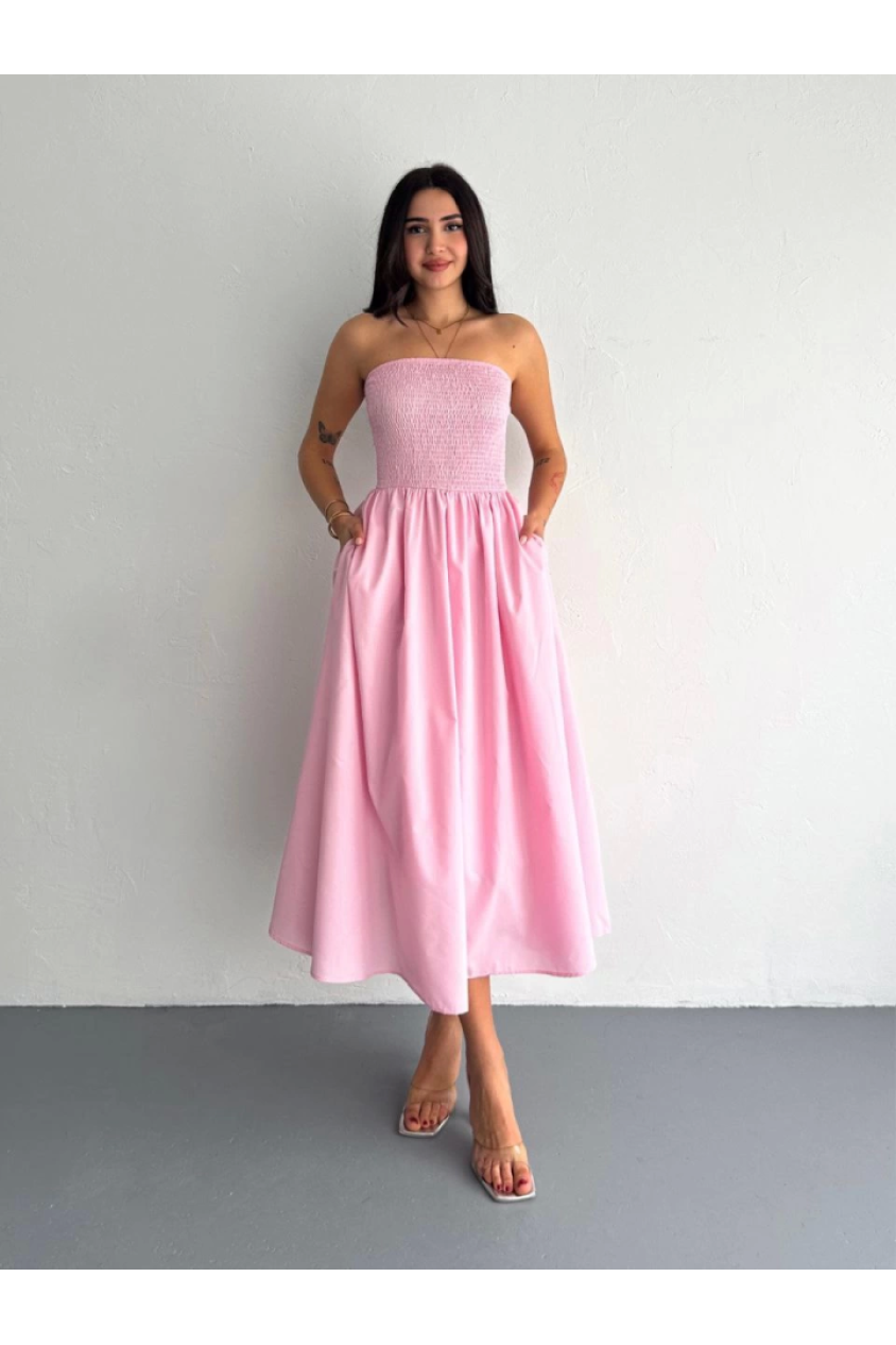Straplez Pileli Elbise - Pembe