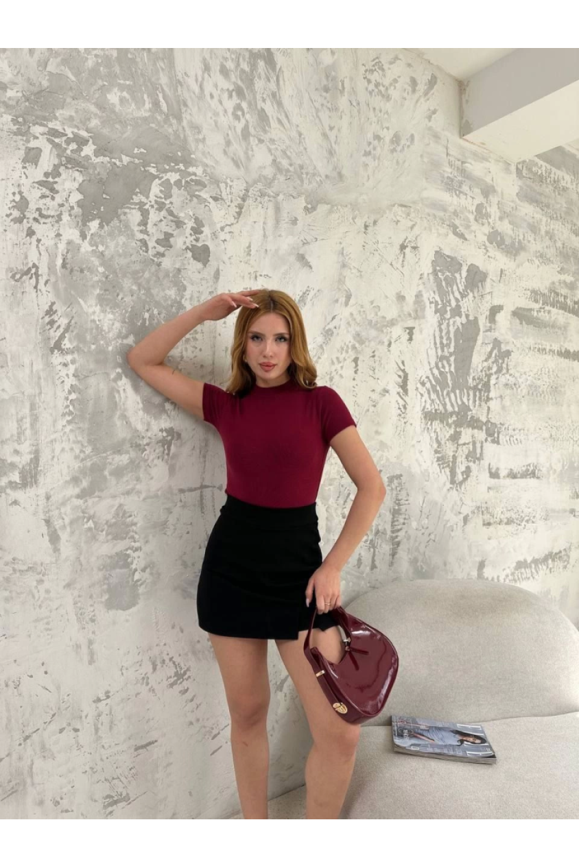 Kısa Kol Badi Bluz - Bordo
