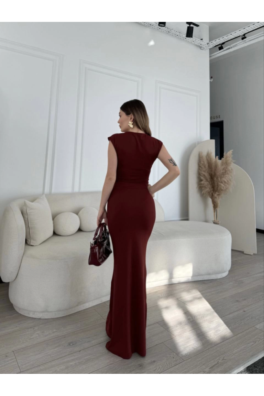 Kolsuz Uzun Likralı Elbise - Bordo