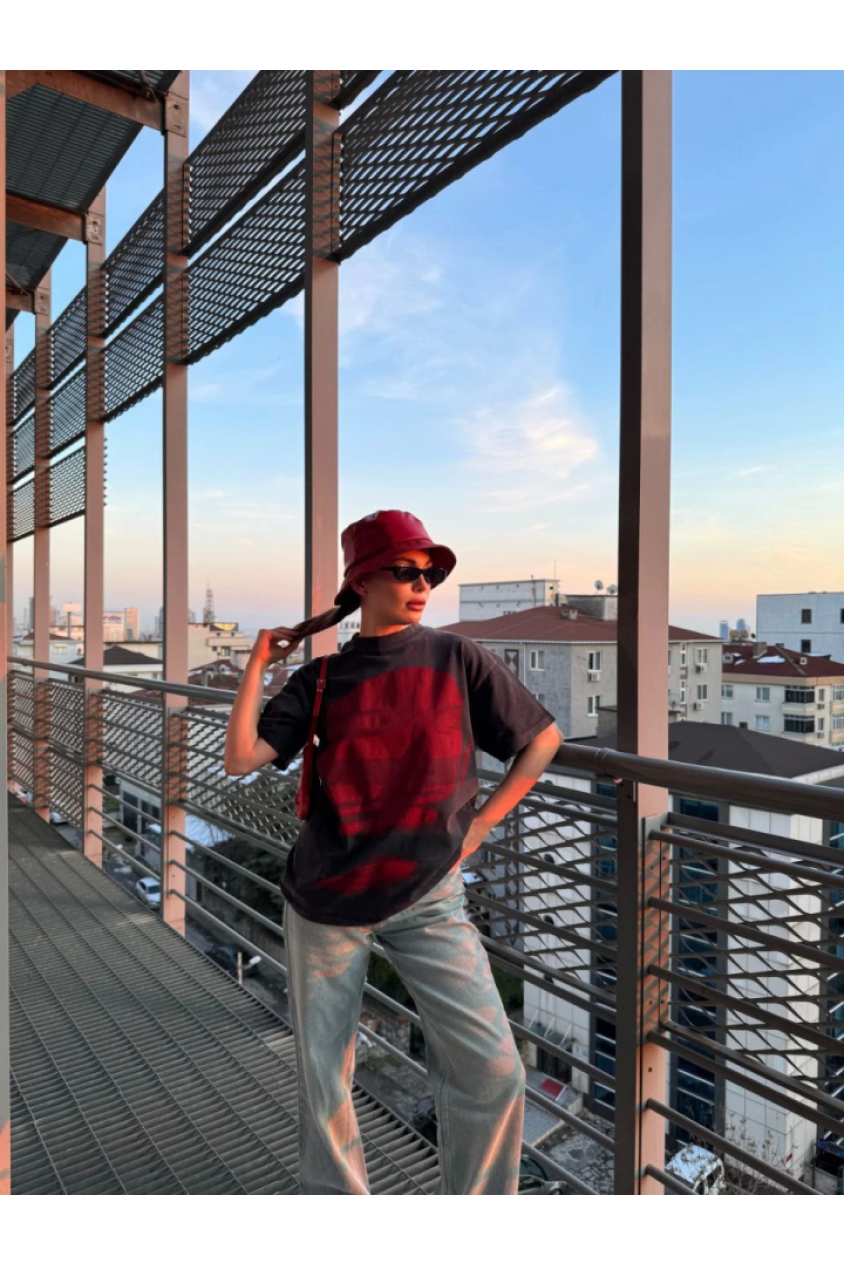 Bisiklet Yaka Yıkamalı Baskılı T-Shirt - Antrasit