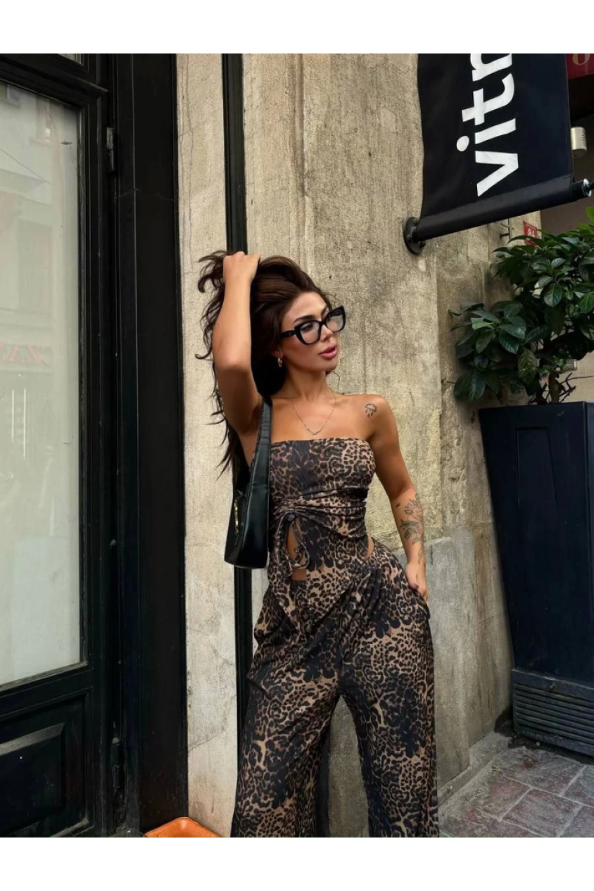 Leopar Desenli önden Bağlamalı Bluz Pantolon İkili Takım -Leopar