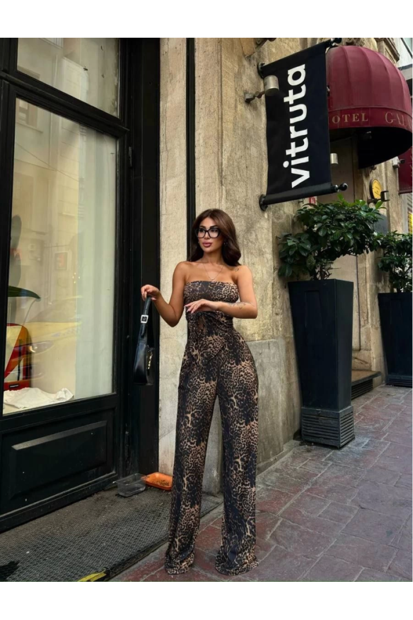 Leopar Desenli önden Bağlamalı Bluz Pantolon İkili Takım -Leopar