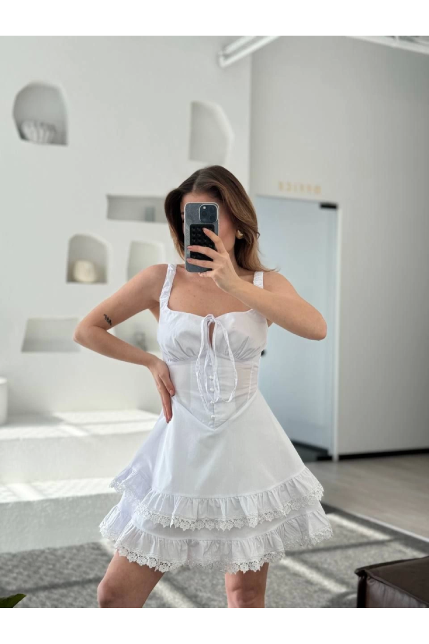 Fırfırlı Askılı Mini Elbise - Beyaz