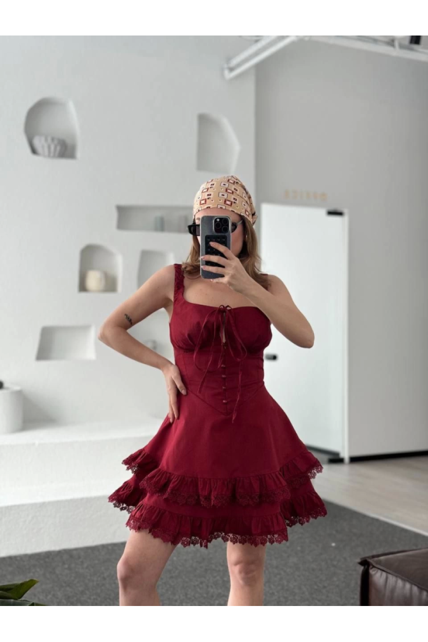 Fırfırlı Askılı Mini Elbise - Bordo