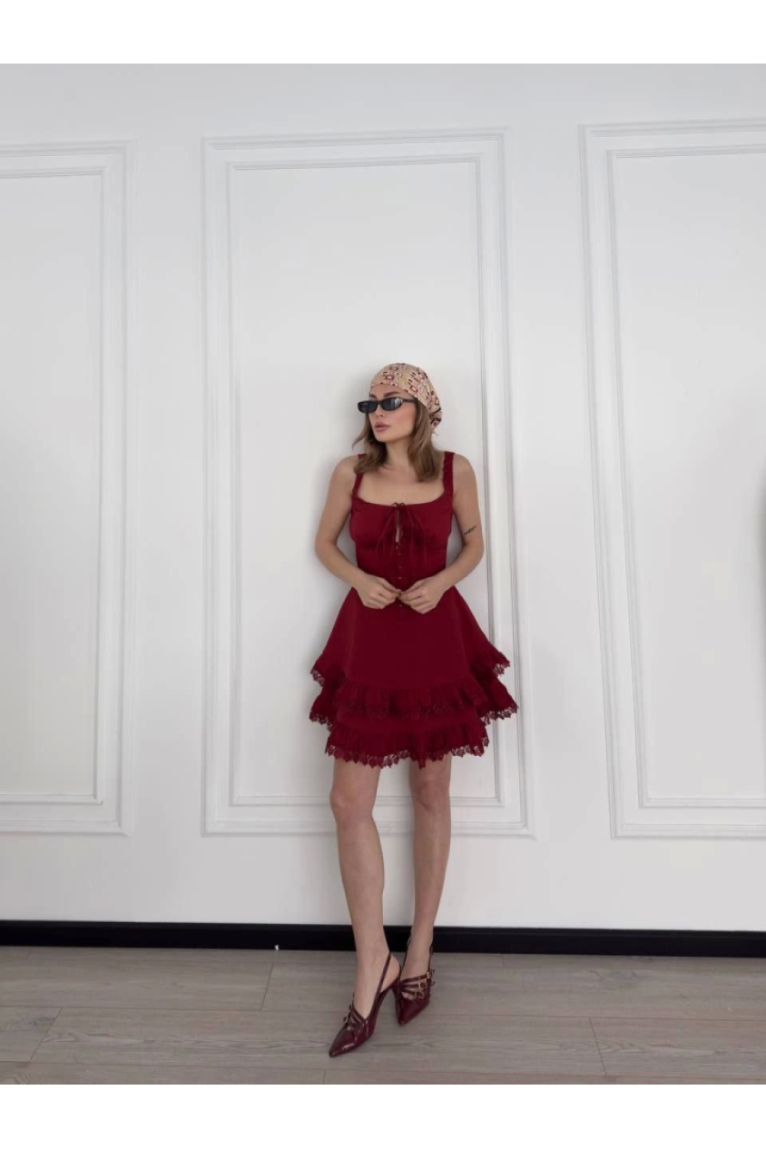 Fırfırlı Askılı Mini Elbise - Bordo