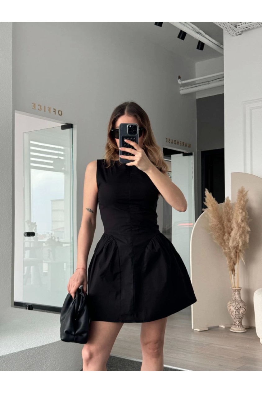 Fermuar Detaylı Mini Elbise - Siyah
