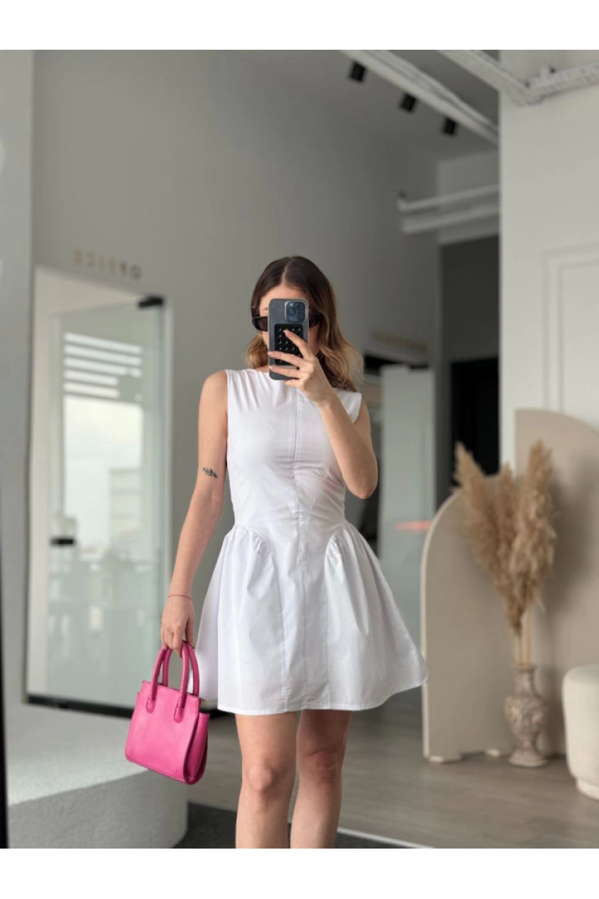 Fermuar Detaylı Mini Elbise - Beyaz