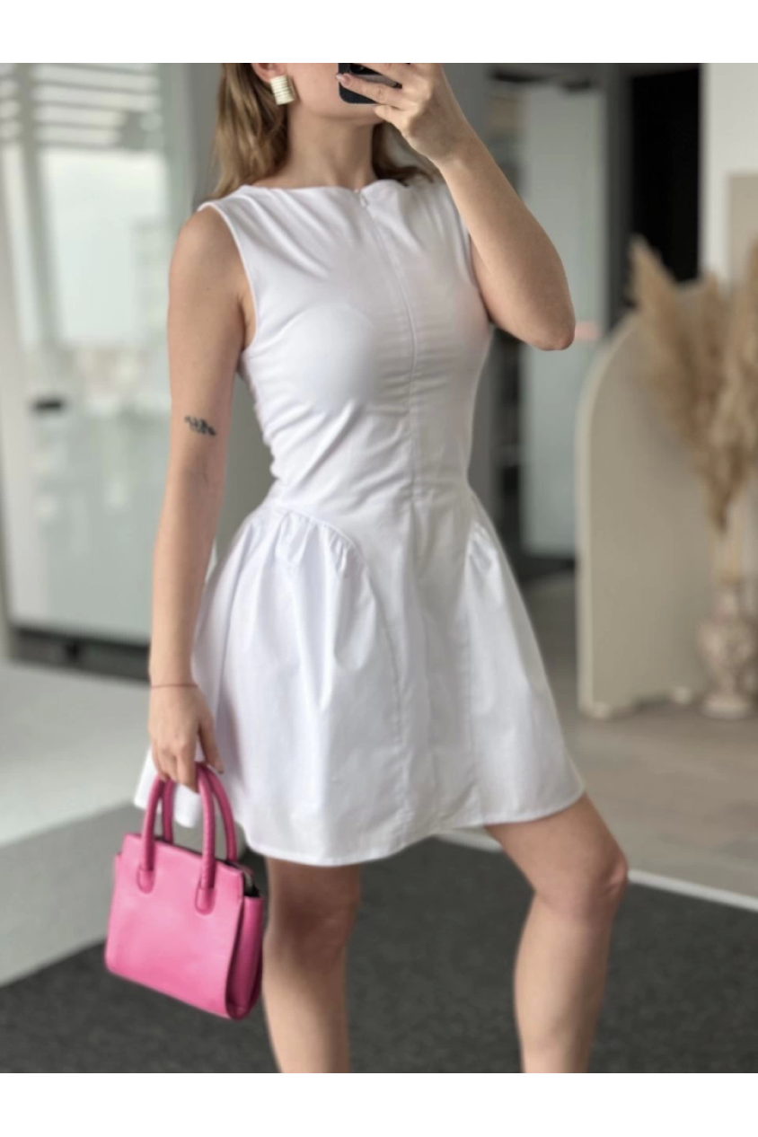 Fermuar Detaylı Mini Elbise - Beyaz