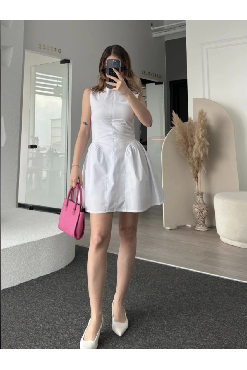 Fermuar Detaylı Mini Elbise - Beyaz