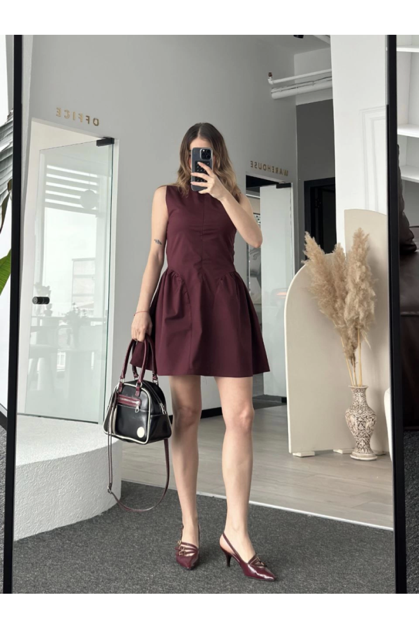 Fermuar Detaylı Mini Elbise - Kahve