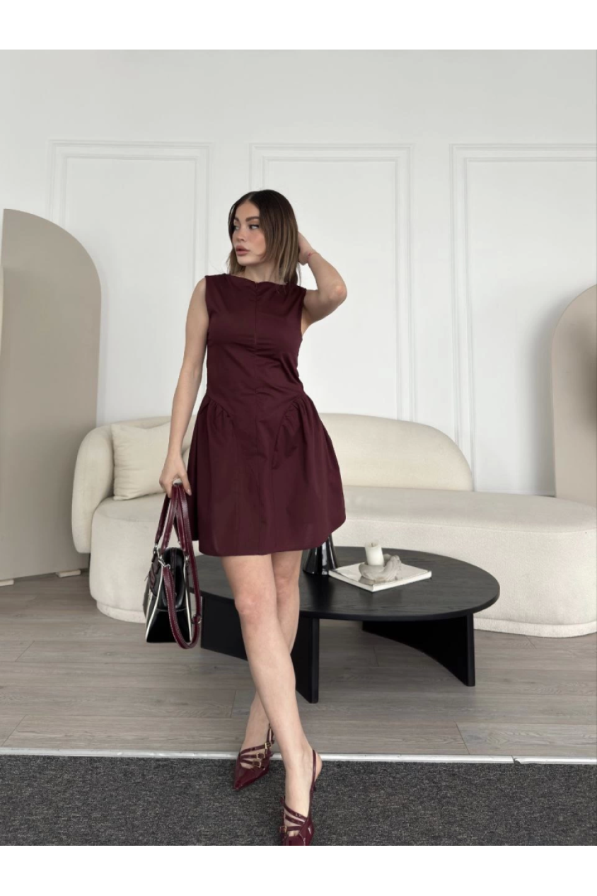 Fermuar Detaylı Mini Elbise - Kahve