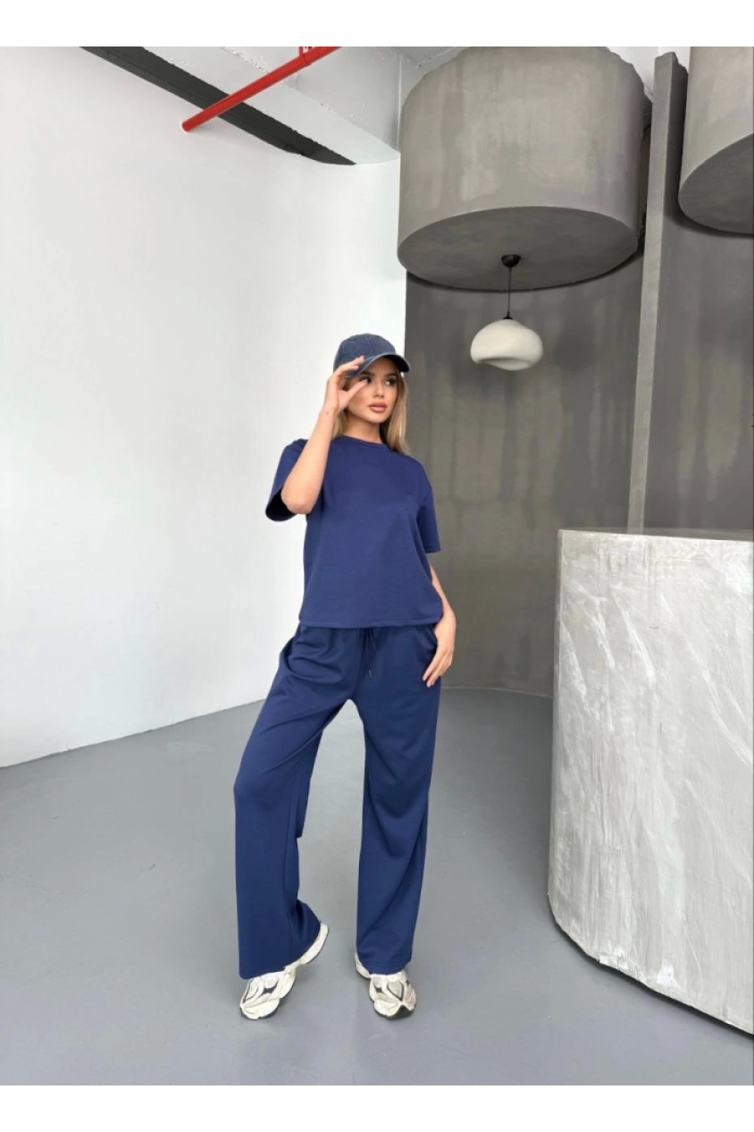 Osy Modal Yumuşak Dokulu Kumaş Kısa Kollu Bluz Rahat Pantalon Ikili Takım- Lacivert