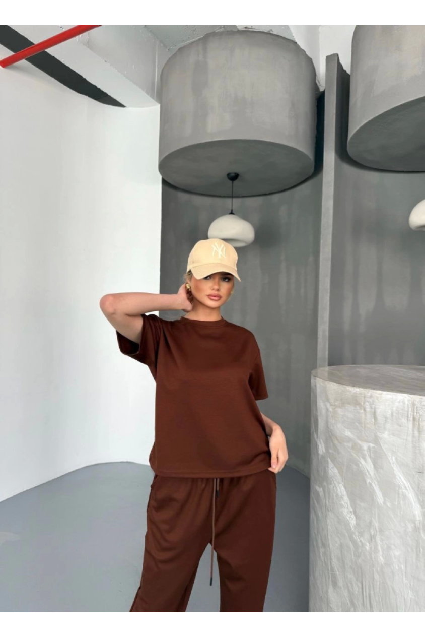 Osy Modal Yumuşak Dokulu Kumaş Kısa Kollu Bluz Rahat Pantalon Ikili Takım- Kahverengi