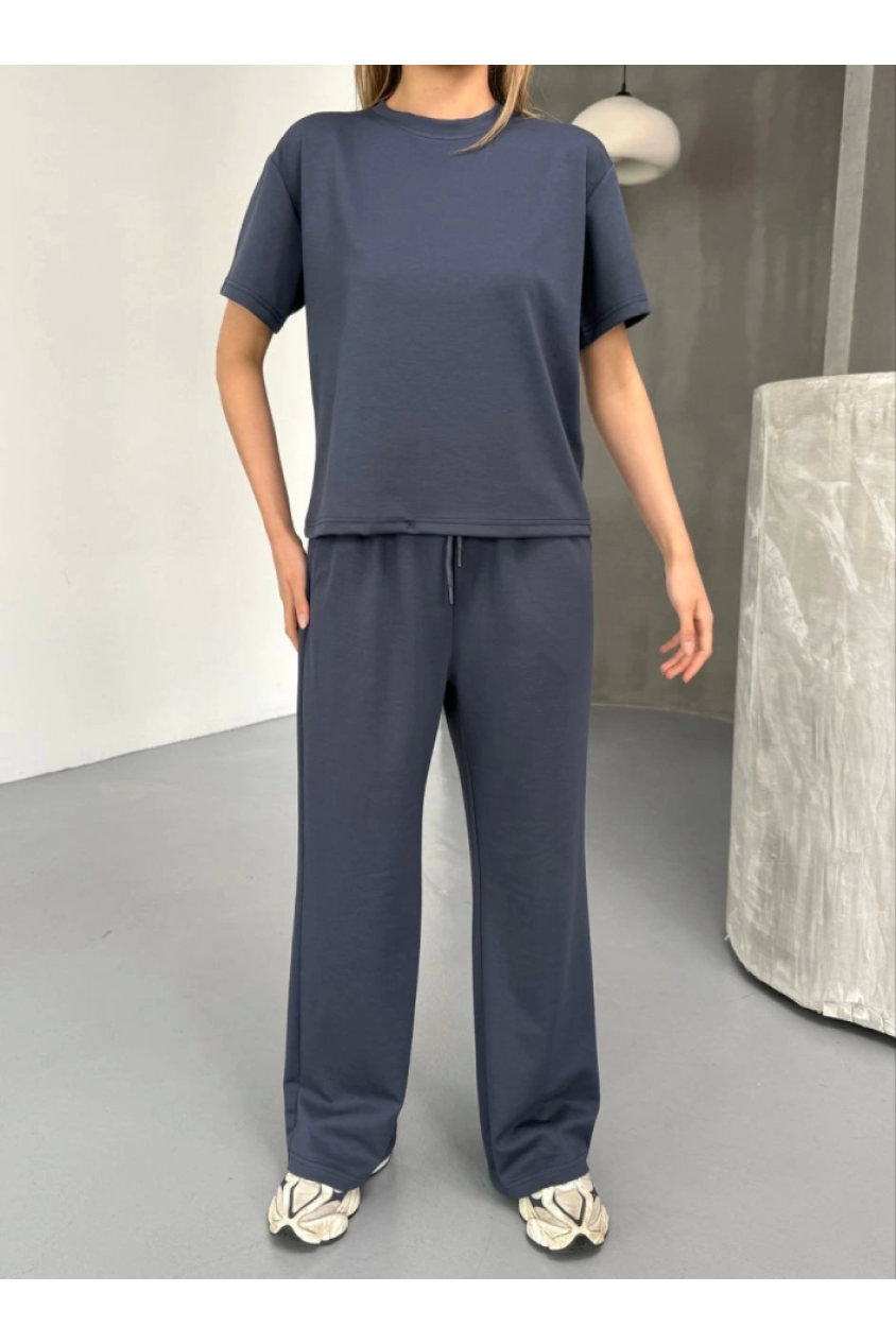 Osy Modal Yumuşak Dokulu Kumaş Kısa Kollu Bluz Rahat Pantalon Ikili Takım- Füme