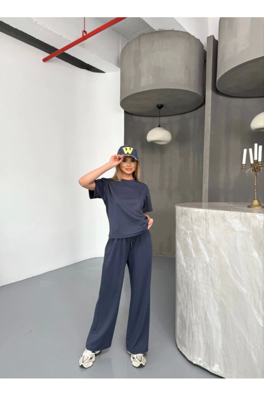 Osy Modal Yumuşak Dokulu Kumaş Kısa Kollu Bluz Rahat Pantalon Ikili Takım- Füme