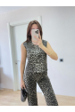 Leopar Desenli Düğmeli Bluzlu Pantolon İkili Takım -Leopar