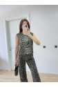 Leopar Desenli Düğmeli Bluzlu Pantolon İkili Takım -Leopar