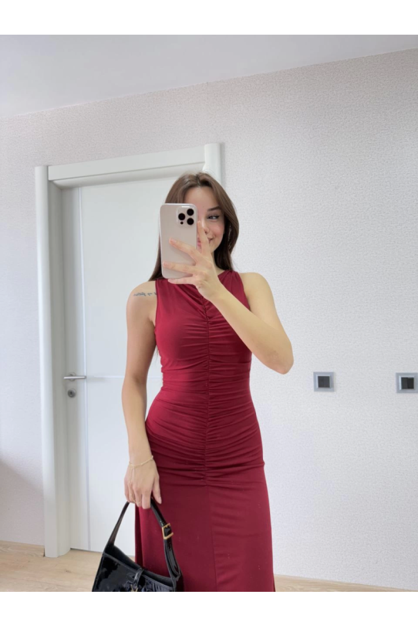 Kolsuz Büzgülü Uzun Elbise - Kırmızı