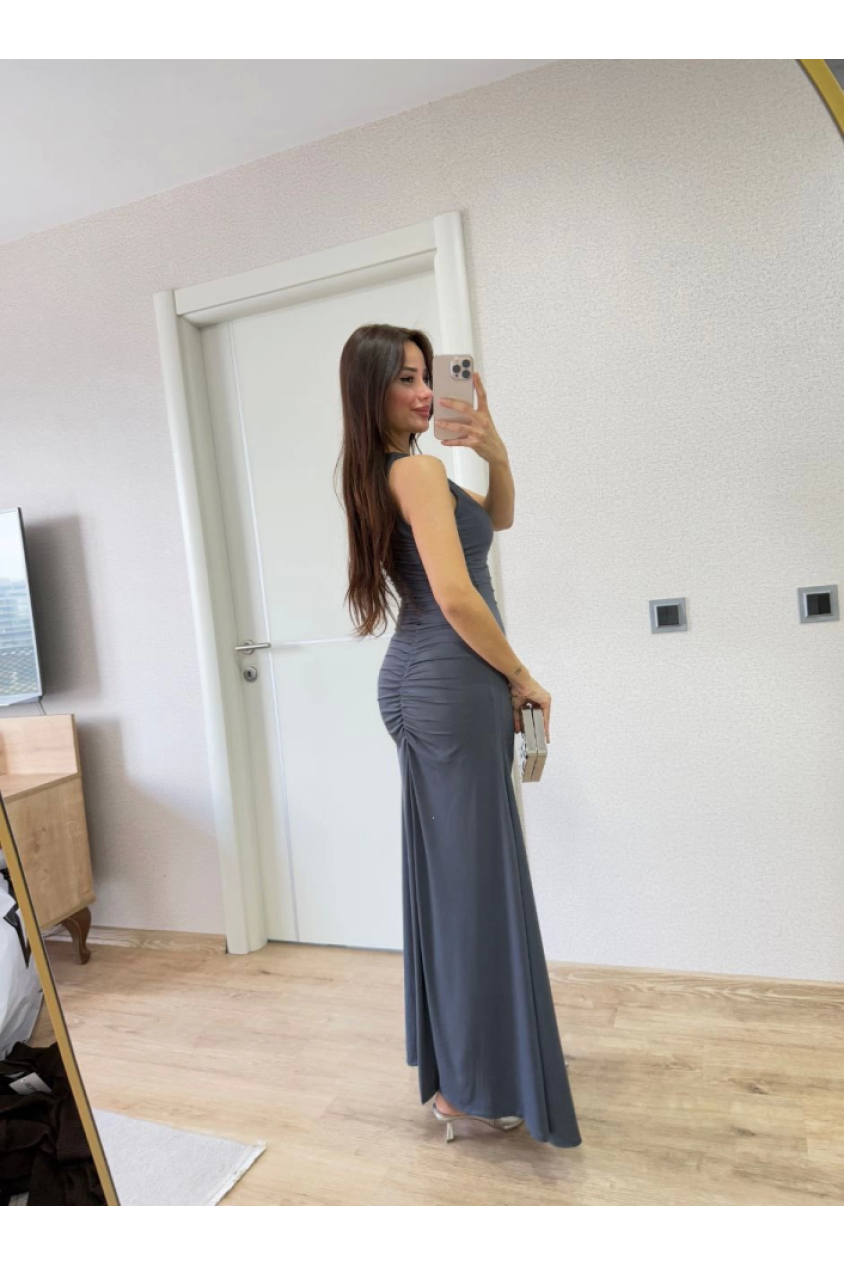 Yırtmaç Detaylı Kolsuz Elbise - Füme