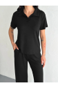 Osy Modal Yumuşak Dokulu Kumaş Kısa Kollu Yakalı T-shirt Pantalon Ikili Takım- Siyah
