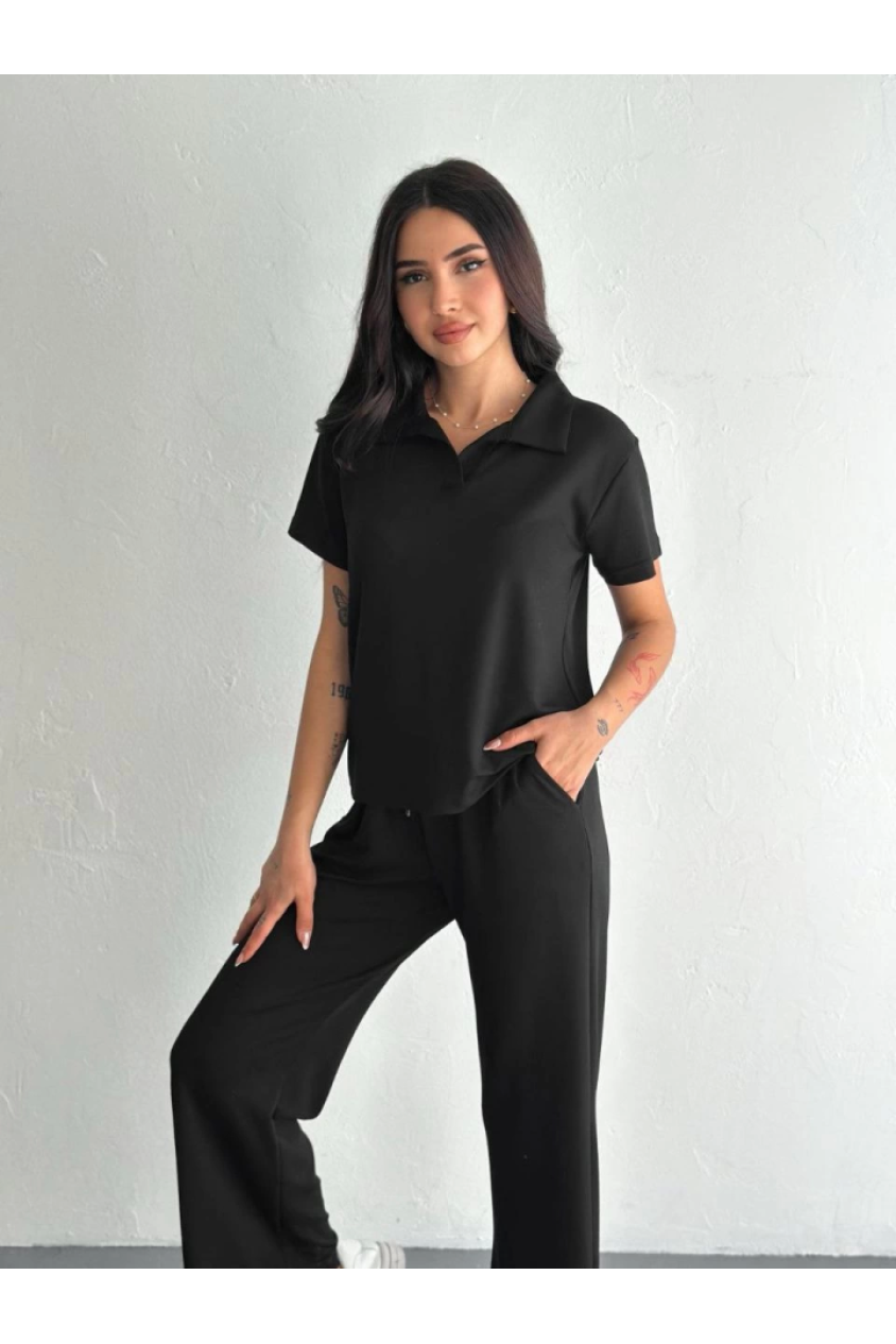 Osy Modal Yumuşak Dokulu Kumaş Kısa Kollu Yakalı T-shirt Pantalon Ikili Takım- Siyah