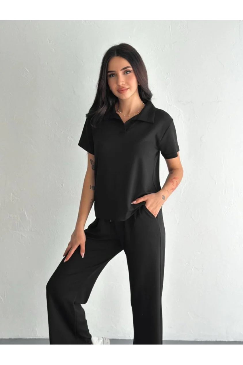 Osy Modal Yumuşak Dokulu Kumaş Kısa Kollu Yakalı T-shirt Pantalon Ikili Takım- Siyah