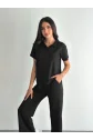 Osy Modal Yumuşak Dokulu Kumaş Kısa Kollu Yakalı T-shirt Pantalon Ikili Takım- Siyah