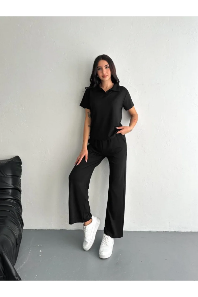 Osy Modal Yumuşak Dokulu Kumaş Kısa Kollu Yakalı T-shirt Pantalon Ikili Takım- Siyah