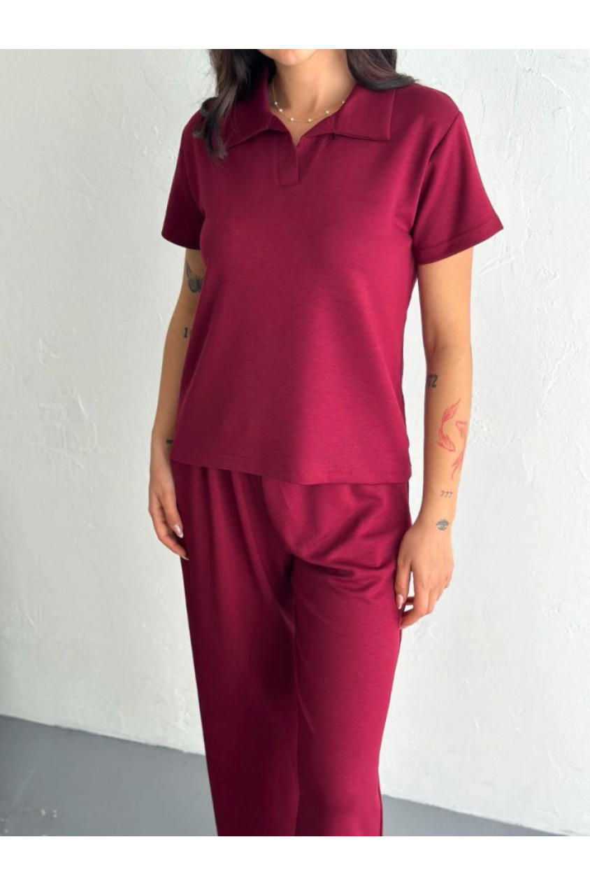 Osy Modal Yumuşak Dokulu Kumaş Kısa Kollu Yakalı T-shirt Pantalon Ikili Takım- Bordo
