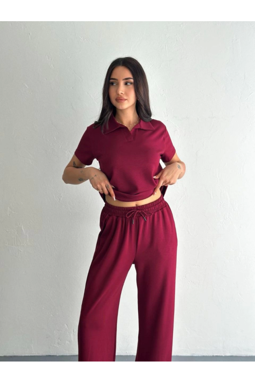 Osy Modal Yumuşak Dokulu Kumaş Kısa Kollu Yakalı T-shirt Pantalon Ikili Takım- Bordo