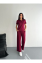 Osy Modal Yumuşak Dokulu Kumaş Kısa Kollu Yakalı T-shirt Pantalon Ikili Takım- Bordo