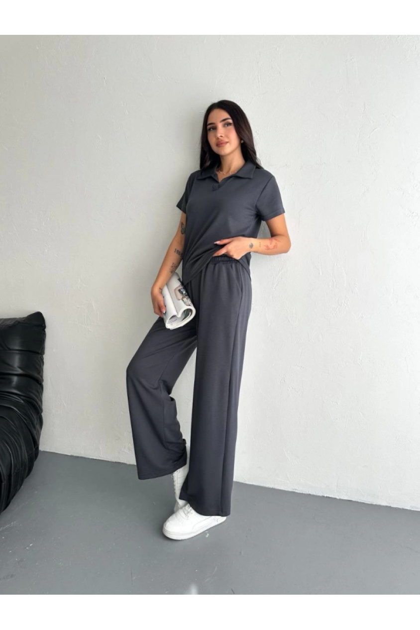 Osy Modal Yumuşak Dokulu Kumaş Kısa Kollu Yakalı T-shirt Pantalon Ikili Takım- Antrasit