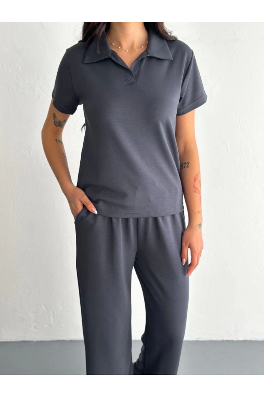 Osy Modal Yumuşak Dokulu Kumaş Kısa Kollu Yakalı T-shirt Pantalon Ikili Takım- Antrasit