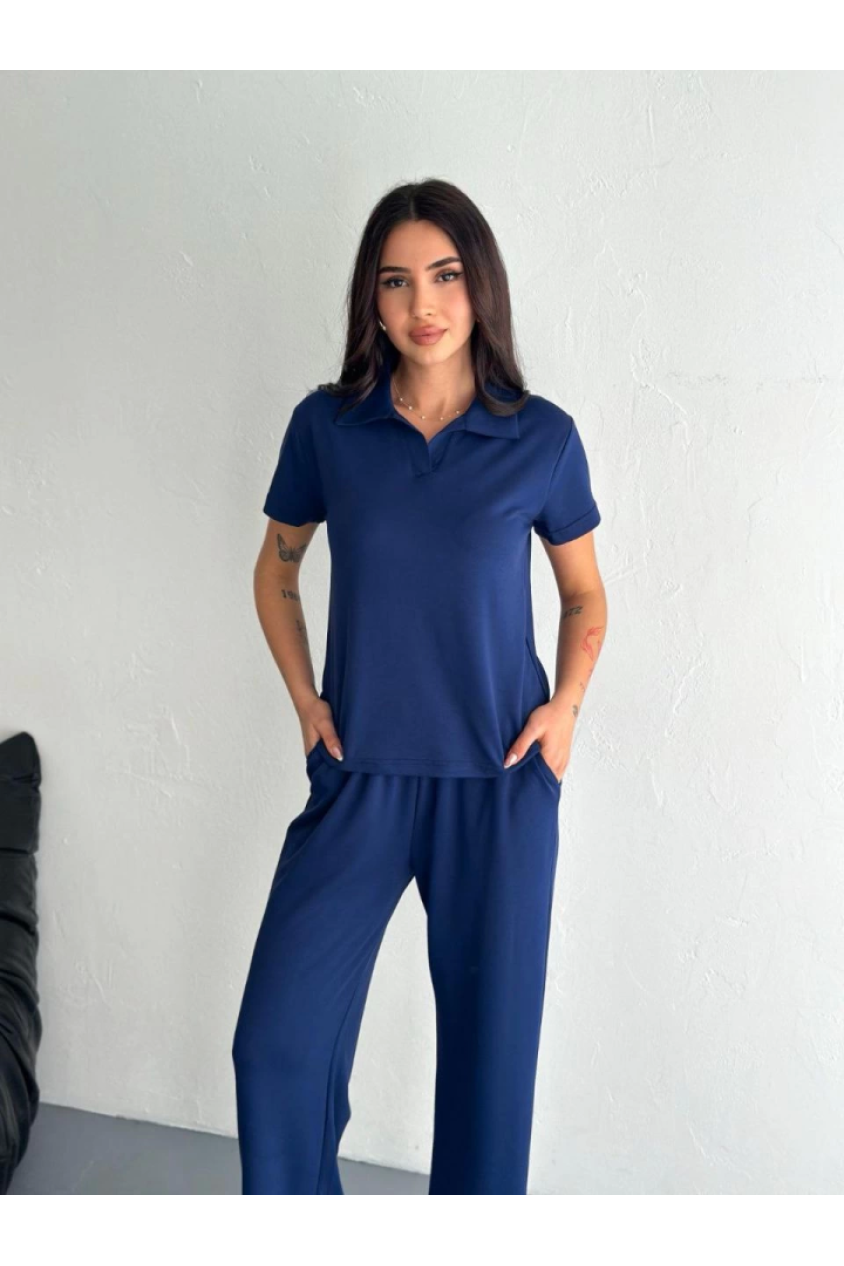Osy Modal Yumuşak Dokulu Kumaş Kısa Kollu Yakalı T-shirt Pantalon Ikili Takım- Lacivert
