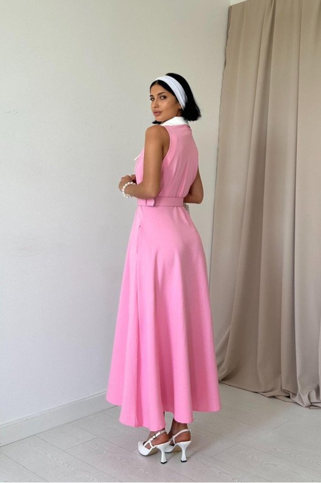 Pembe Geniş Yakalı Halter Kollu Elbise