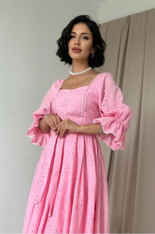 Pembe Kolu Lastikli Brode Elbise