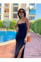 Kadın Pamuklu Kumaş Askısız Ve Yırtmaç Detaylı Midi Boy Elbise