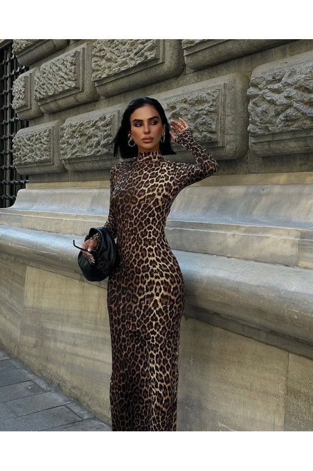 Kadın Uzun Kollu Balıkçı Yaka Gull Likralı Leopar Desen Maxi Boy Elbise