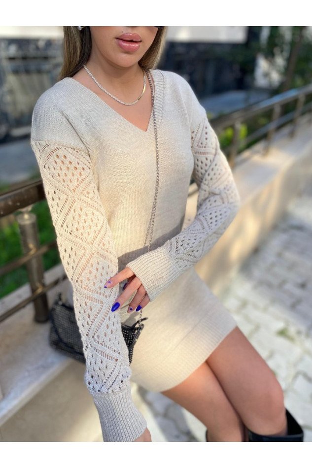 Kadın Uzun Kollu V Yakalı Mini Triko Elbise