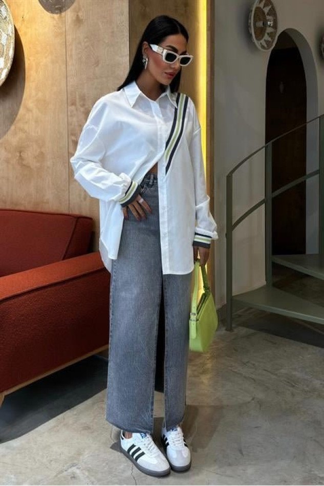Bant Detaylı Oversize Poplin Gömlek 3436