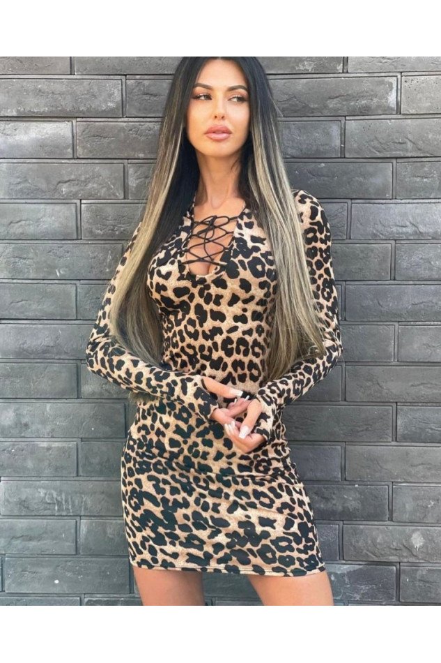 Kadın Uzun Kollu Leopar Desen Kuşgözü Dekolte Detay Mini Elbise