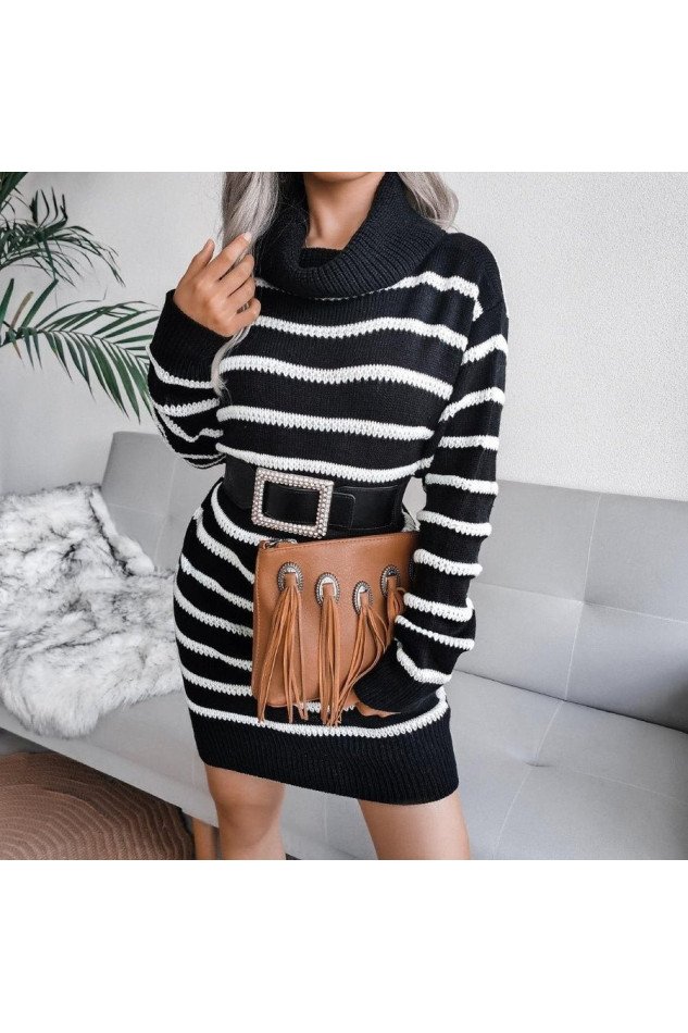 Kadın Uzun Kollu Degaje Yaka çizgili Sonya Iplik Mini Boy Triko Elbise (kemersiz)