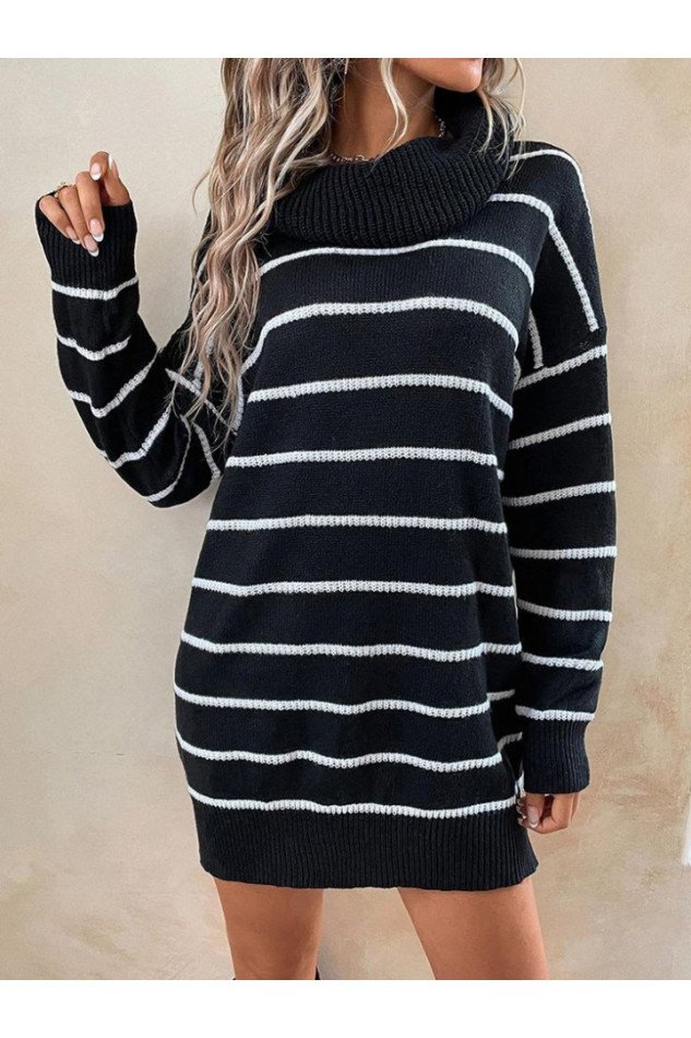 Kadın Uzun Kollu Degaje Yaka çizgili Sonya Iplik Mini Boy Triko Elbise (kemersiz)